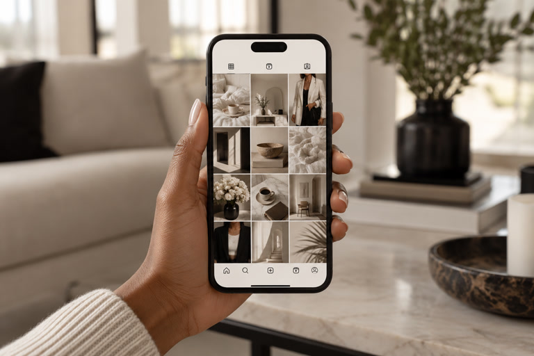 A natural hand holding a phone displaying a neutral social-media grid