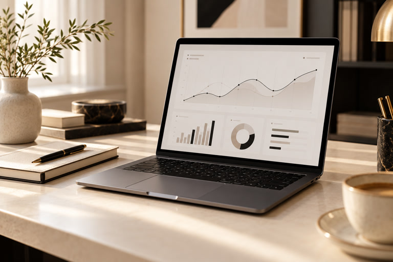 Laptop with an illustrative analytics dashboard