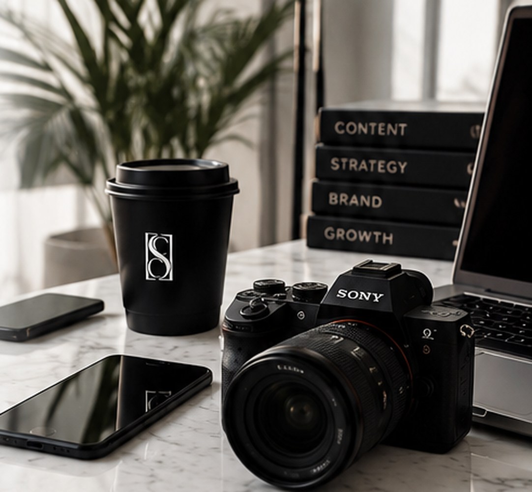 Creative studio with a camera and branded planning materials